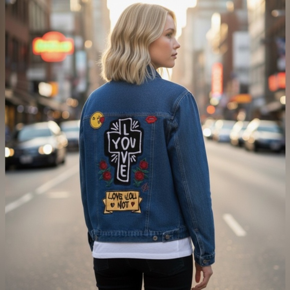 ✨NEW Forever 21 Blue Denim Jacket with Graphic Patches oversized fit